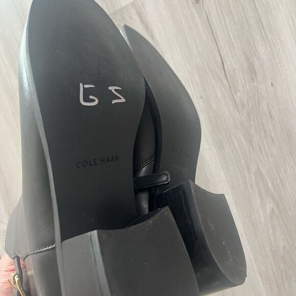 Cole Haan Black Heeled Boots with Gold Buckle - Picture 6 of 6